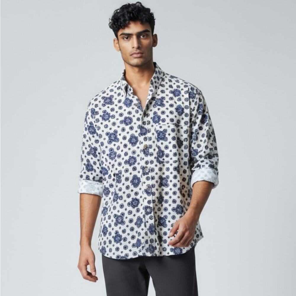 Preswick & Moore Mens Large Medallion Print Button Up Shirt Beige Blue Cotton